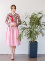 Modern Hanbok Suit - Pink Flower Top and Pink Skirt - Image 4