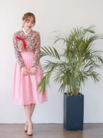 Modern Hanbok Suit - Pink Flower Top and Pink Skirt - Image 2
