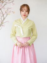 Modern Hanbok Suit - Dotted Light Green Top and Pink Skirt - Image 5