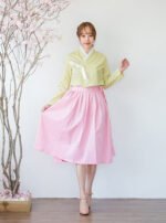 Modern Hanbok Suit - Dotted Light Green Top and Pink Skirt - Image 4