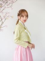 Modern Hanbok Suit - Dotted Light Green Top and Pink Skirt