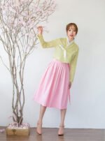 Modern Hanbok Suit - Dotted Light Green Top and Pink Skirt - Image 3