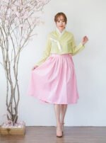 Modern Hanbok Suit - Dotted Light Green Top and Pink Skirt - Image 2